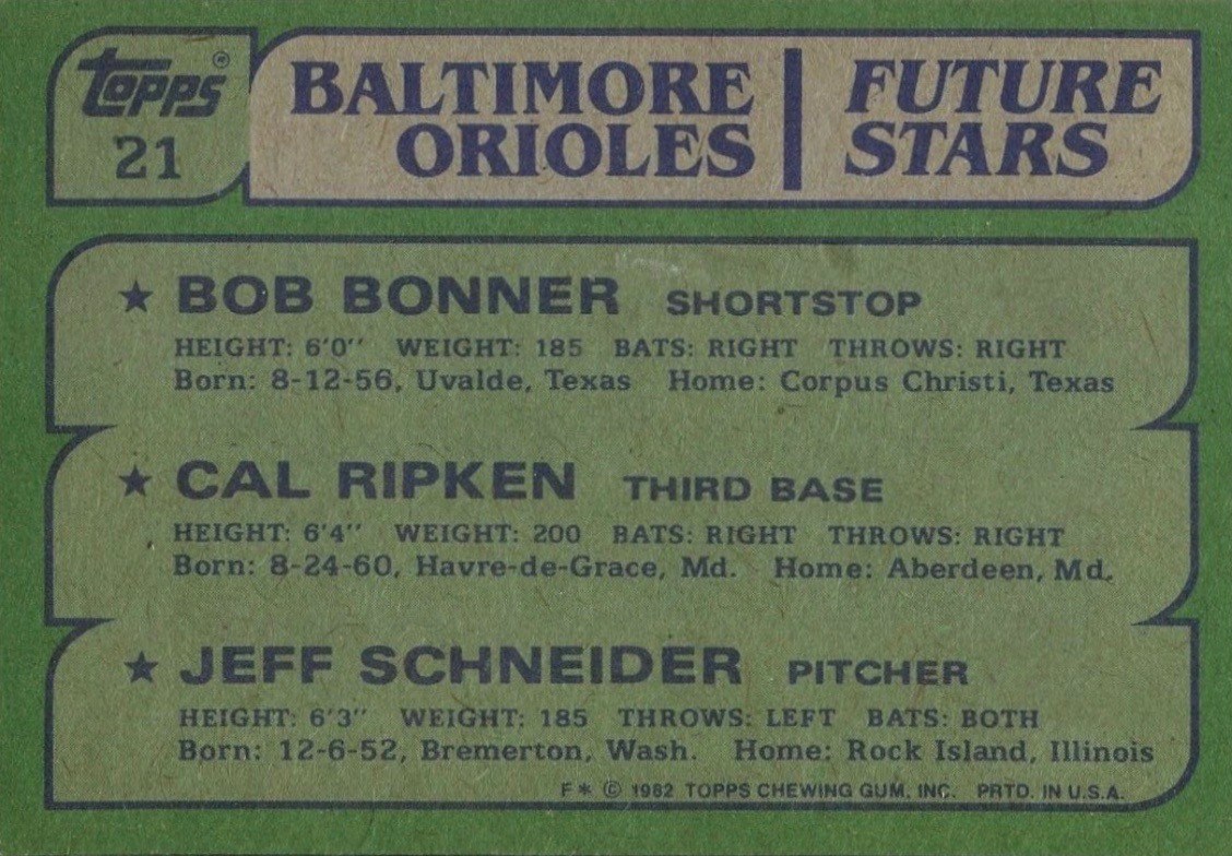 1982 Topps #21 Cal Ripken Jr. Rookie Card Reverse Side With Statistics and Biography 1982 Topps #21 Cal Ripken Jr. Rookie Card Reverse Side With Statistics and Biography