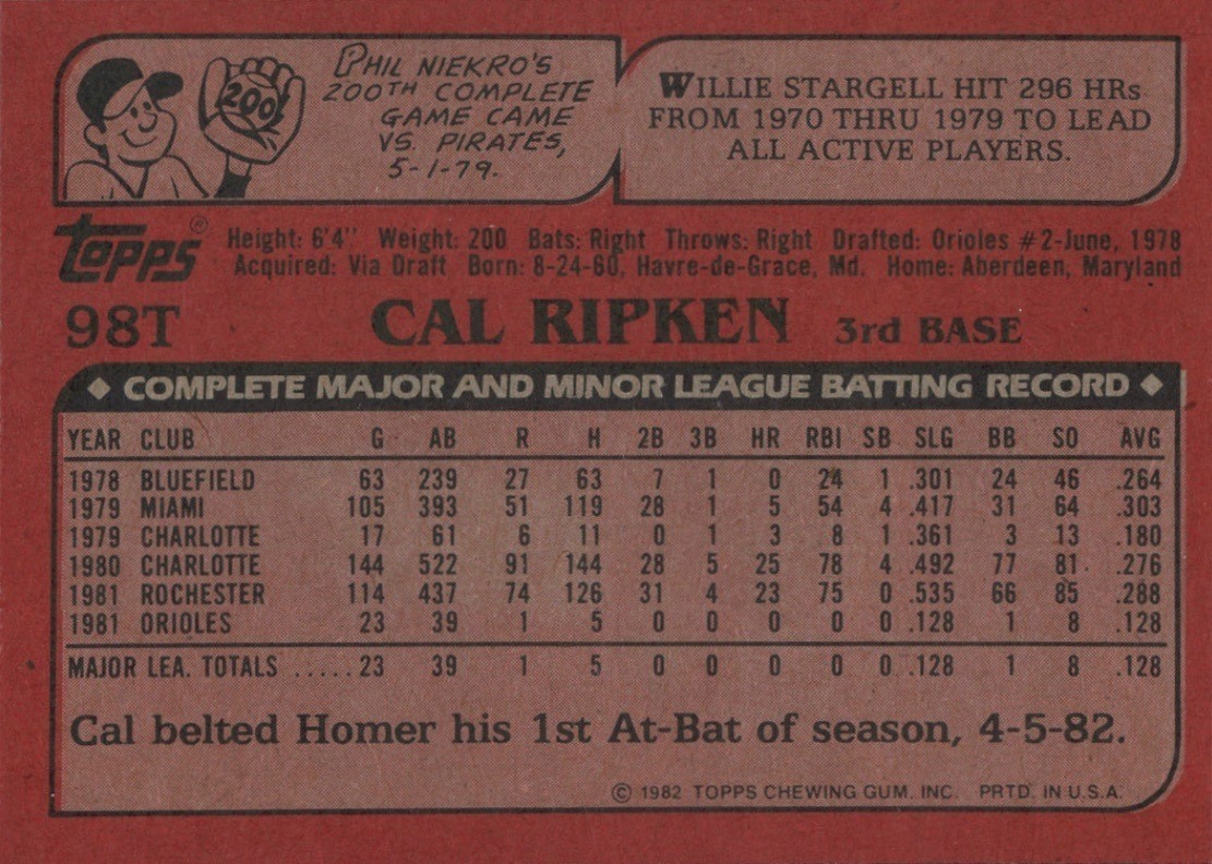 cal ripken jr baseball card