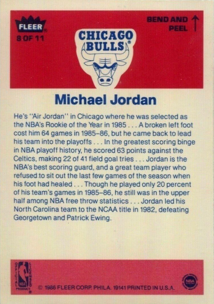 1986 Fleer Stickers #8 Michael Jordan Card Reverse Side With Personal Information and Career Highlights