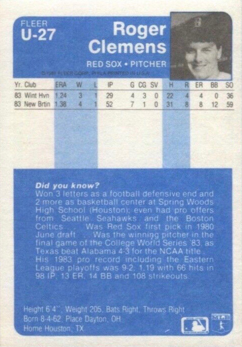 1984 Fleer Update #27 Roger Clemens Baseball Card Reverse Side With Statistics and Biography