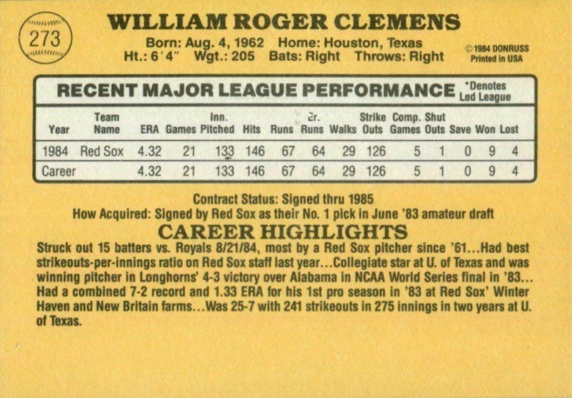 1985 Donruss #273 Roger Clemens Baseball Card Reverse Side With Statistics and Biography 1985 Donruss #273 Roger Clemens Baseball Card Reverse Side With Statistics and Biography