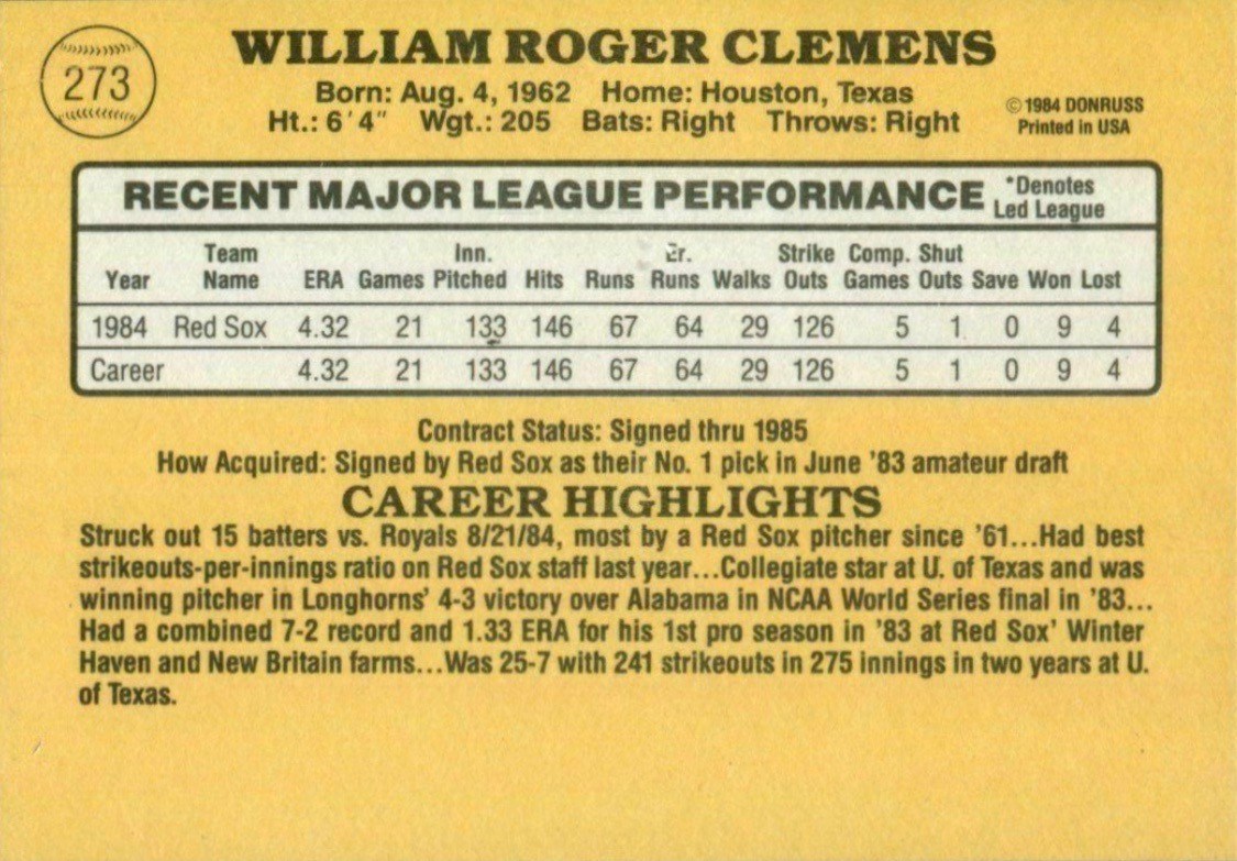 1985 Donruss #273 Roger Clemens Baseball Card Reverse Side With Statistics and Biography