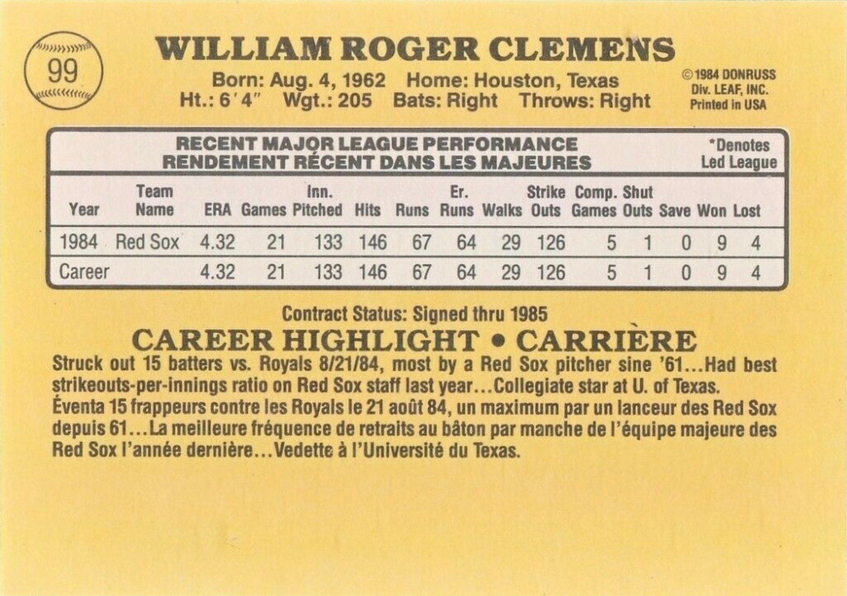 1985 Leaf #99 Roger Clemens Baseball Card Reverse Side With Statistics and Biography