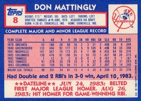1984 Topps Tiffany #8 Don Mattingly Baseball Card Reverse Side With Statistics and Biography 1984 Topps Tiffany #8 Don Mattingly Baseball Card Reverse Side With Statistics and Biography