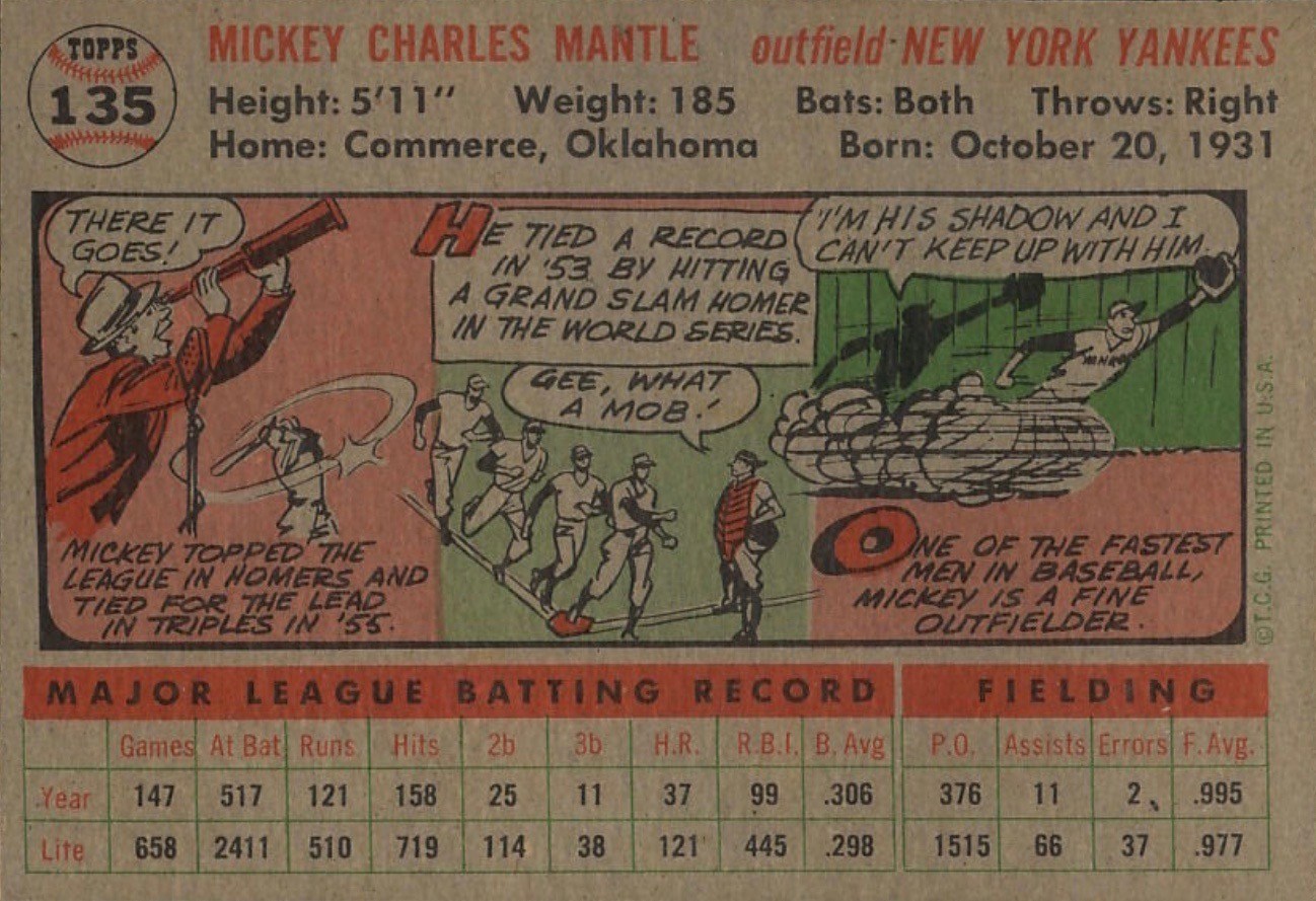 1956 Topps #135 Mickey Mantle Reverse Side Gray Variation