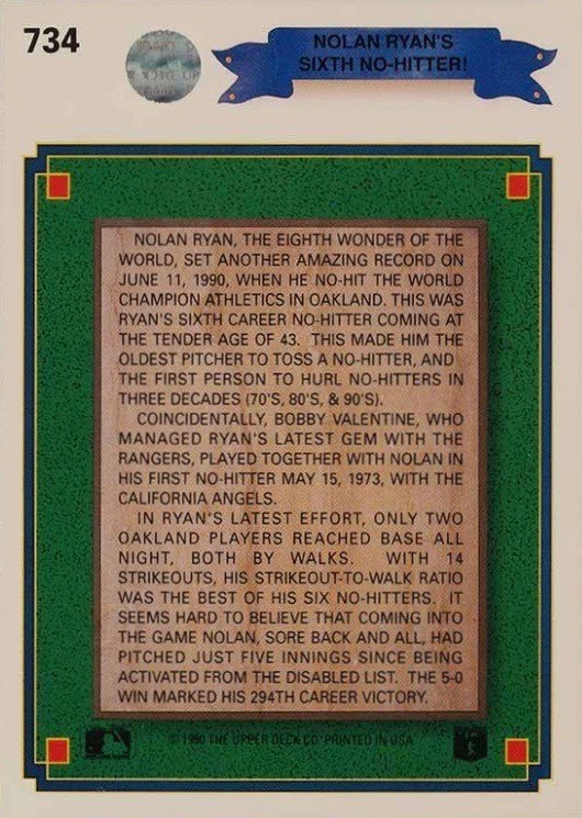 1990 Upper Deck #734 Nolan Ryan Baseball Card Reverse Side 1990 Upper Deck #734 Nolan Ryan Baseball Card Reverse Side