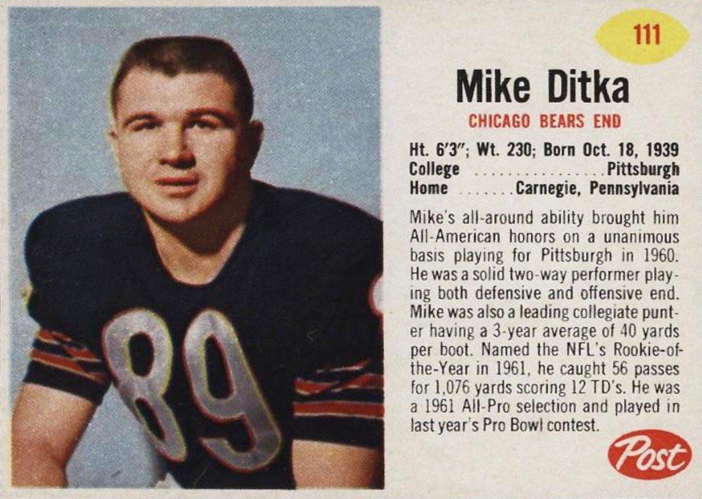 1962 Post Cereal #111 Mike Ditka Football Card 1962 Post Cereal #111 Mike Ditka Football Card