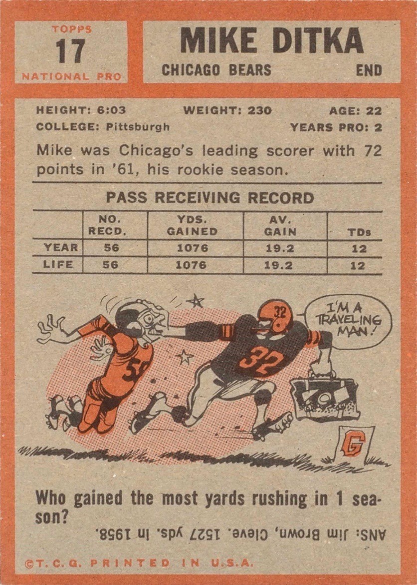 1962 Topps #17 Mike Ditka Rookie Card Reverse Side With Statistics and Personal Information