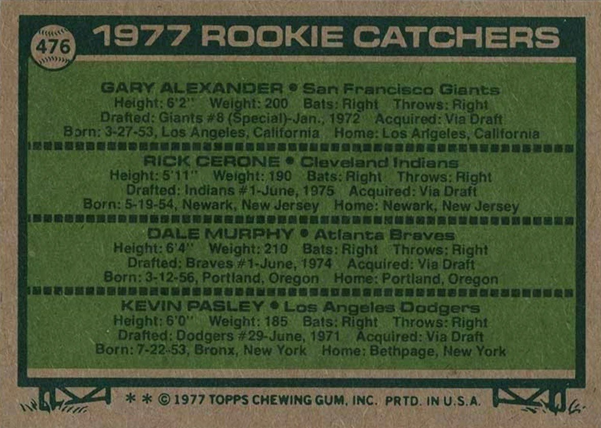 1977 Topps #476 Dale Murphy Rookie Card Reverse Side With Statistics and Personal Information 1977 Topps #476 Dale Murphy Rookie Card Reverse Side With Statistics and Personal Information