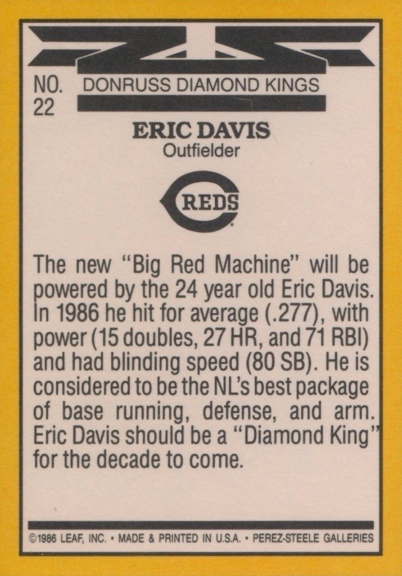 1987 Donruss #22 Eric Davis Diamond King Reverse Side With No Yellow Stripe Error Baseball Card