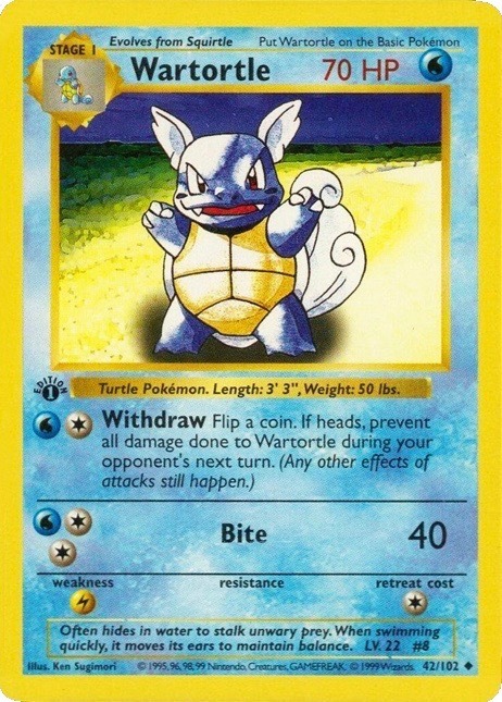 1999 Pokemon First Edition Wartortle Card #42 1999 Pokemon First Edition Wartortle Card #42
