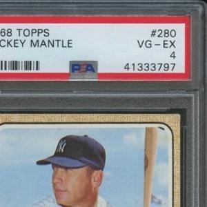 1968 Topps Mickey Mantle Graded PSA 4 Close Up View to Show Condition Defects