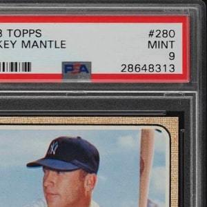 1968 Topps Mickey Mantle Graded PSA 9 Close Up View to Show Condition Defects