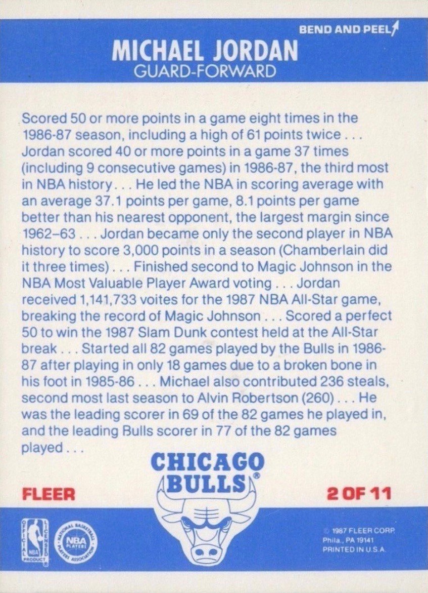 1987 Fleer Sticker #2 Michael Jordan Card Reverse Side With Statistics and Personal Information