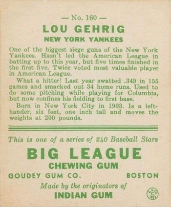 1933 Goudey Lou Gehrig Baseball Card #160 Reverse Side With Ad and Personal Info