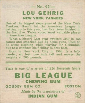 1933 Goudey Lou Gehrig Baseball Card #92 Reverse Side With Ad and Personal Info