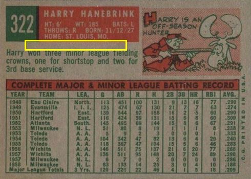1959 Topps #322 Harry Hanebrink Baseball Card Reverse Side Without Trade Statement Variation