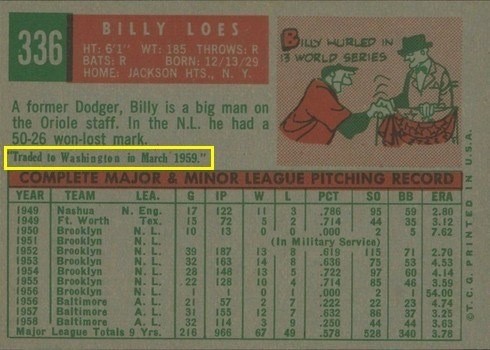 1959 Topps #336 Billy Loes Baseball Card Reverse Side With Trade Statement Variation
