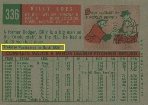1959 Topps #336 Billy Loes Baseball Card Reverse Side With Trade Statement Variation 1959 Topps #336 Billy Loes Baseball Card Reverse Side With Trade Statement Variation