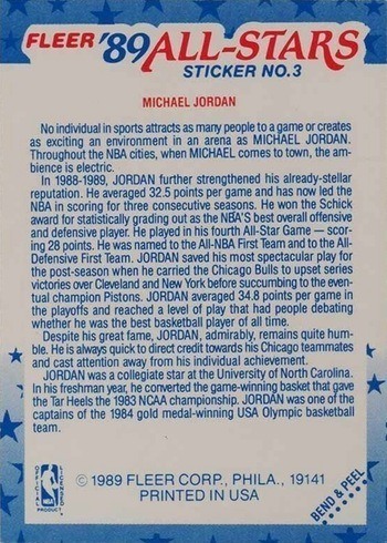 1989 Fleer Michael Jodan All-Star Card Reverse Side With Trivia and Personal Information