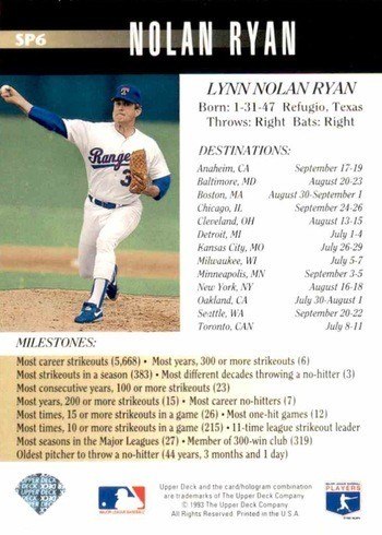 1993 Upper Deck #SP6 Nolan Ryan The Express' Last Run Baseball Card Reverse Side With Records And Personal Information 1993 Upper Deck #SP6 Nolan Ryan The Express' Last Run Baseball Card Reverse Side With Records And Personal Information