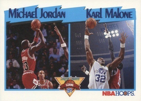1991 NBA Hoops #306 Scoring Leaders Karl Malone and Michael Jordan Basketball Card 1991 NBA Hoops #306 Scoring Leaders Karl Malone and Michael Jordan Basketball Card