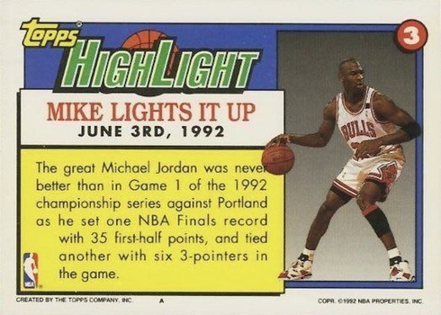 1992 Topps #3 Michael Jordan Highlights Basketball Card Reverse Side Documenting Success Against Portland in the NBA Finals