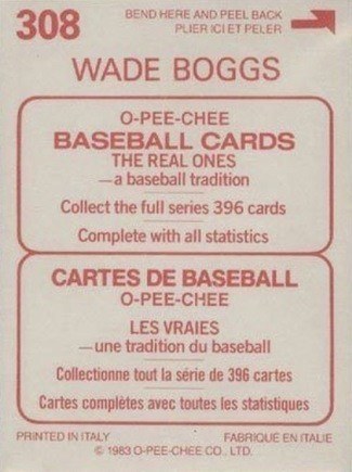 1983 O Pee Chee Stickers #308 Wade Boggs Baseball Card Reverse Side With Biography