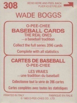 1983 O Pee Chee Stickers #308 Wade Boggs Baseball Card Reverse Side With Biography 1983 O Pee Chee Stickers #308 Wade Boggs Baseball Card Reverse Side With Biography
