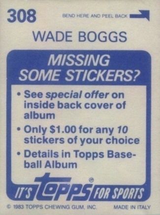 1983 Topps Stickers #308 Wade Boggs Baseball Card Reverse Side With Biography