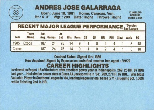 1986 Donruss #33 Andres Galaragga Rookie Card No Accent Mark Reverse With Stats and Biography 1986 Donruss #33 Andres Galaragga Rookie Card No Accent Mark Reverse With Stats and Biography