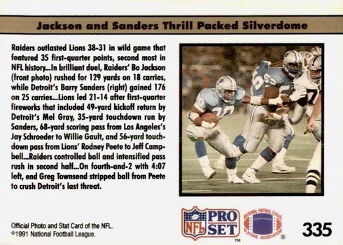1991 NFL Pro Set #335 Bo and Barry Show Reverse With Logo Football Card 1991 NFL Pro Set #335 Bo and Barry Show Reverse With Logo Football Card