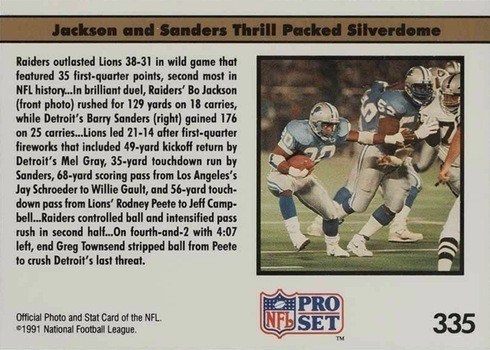 1991 NFL Pro Set #335 Bo and Barry Show Reverse Without Logo Football Card 1991 NFL Pro Set #335 Bo and Barry Show Reverse Without Logo Football Card