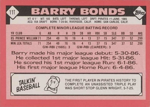 1986 Topps Traded Tiffany #11T Barry Bonds Rookie Card Reverse Side With Stats and Biography 1986 Topps Traded Tiffany #11T Barry Bonds Rookie Card Reverse Side With Stats and Biography