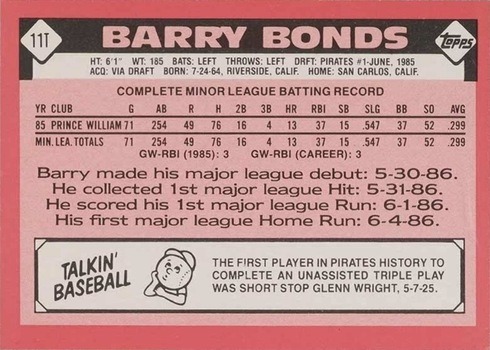 1986 Topps Traded Tiffany #11T Barry Bonds Rookie Card Reverse Side With Stats and Biography