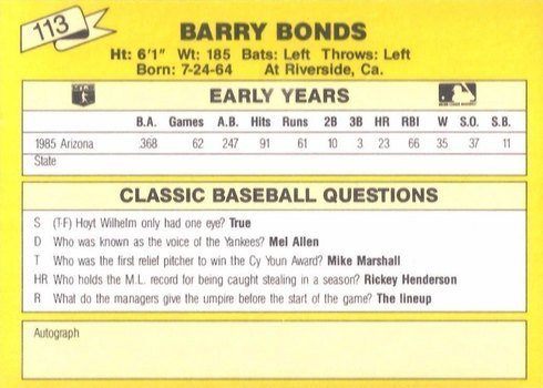 1987 Classic Travel #113 Barry Bonds Card Reverse Side in Yellow 1987 Classic Travel #113 Barry Bonds Card Reverse Side in Yellow