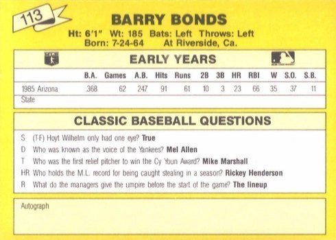 1987 Classic Travel #113 Barry Bonds Card Reverse Side in Yellow