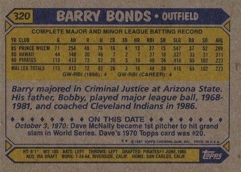 1987 Topps #320 Barry Bonds Rookie Card Reverse Side With Stats and Biography