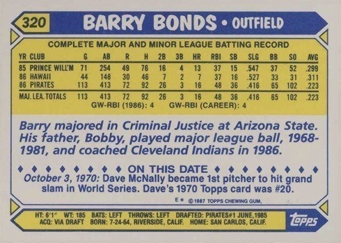 1987 Topps Tiffany #320 Barry Bonds Rookie Card Reverse Side With Stats and Biography 1987 Topps Tiffany #320 Barry Bonds Rookie Card Reverse Side With Stats and Biography