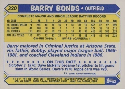 1987 Topps Tiffany #320 Barry Bonds Rookie Card Reverse Side With Stats and Biography