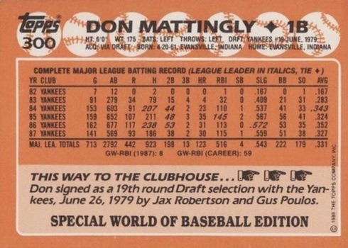 1988 Topps #300 Don Mattingly Special World of Baseball Card Reverse Side With Stats and Biography 1988 Topps #300 Don Mattingly Special World of Baseball Card Reverse Side With Stats and Biography