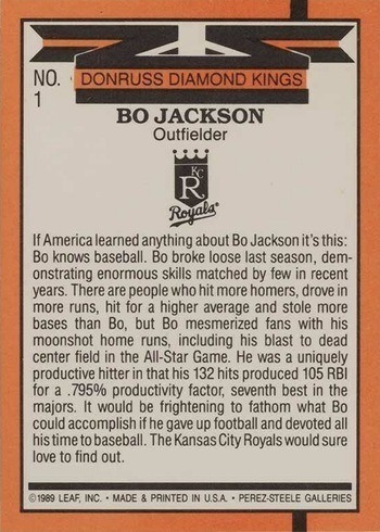 1990 Donruss #1 Bo Jackson Diamond Kings Reverse Side