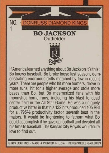1990 Donruss #1 Bo Jackson Diamond Kings Reverse Side 1990 Donruss #1 Bo Jackson Diamond Kings Reverse Side