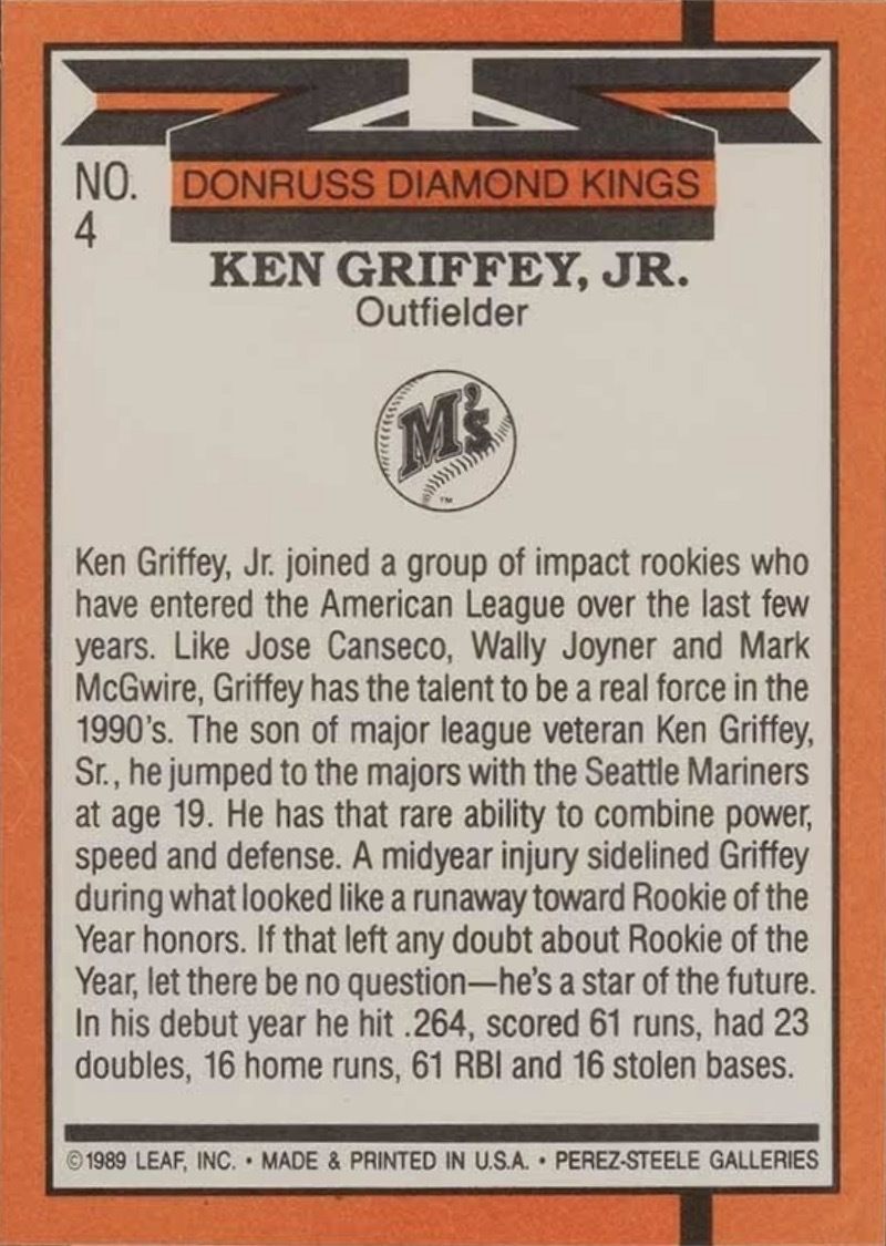 1990 Donruss #4 Ken Griffey Jr Diaond Kings Reverse Side 1990 Donruss #4 Ken Griffey Jr Diaond Kings Reverse Side