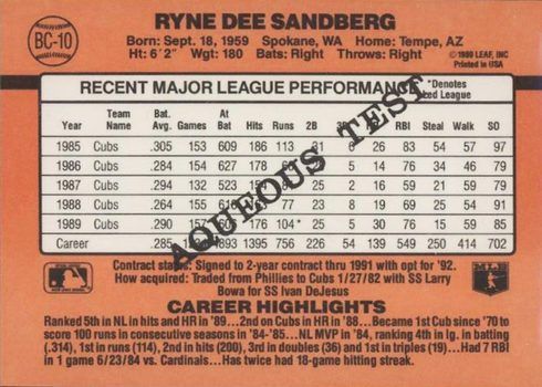 1990 Donruss Aqueous Test Ryne Sandberg Baseball Card 1990 Donruss Aqueous Test Ryne Sandberg Baseball Card