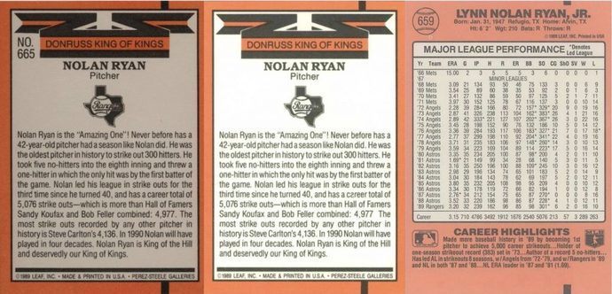 1990 Donruss King of Kings Nolan Ryan Baseball Card Reverse Side Variations 1990 Donruss King of Kings Nolan Ryan Baseball Card Reverse Side Variations