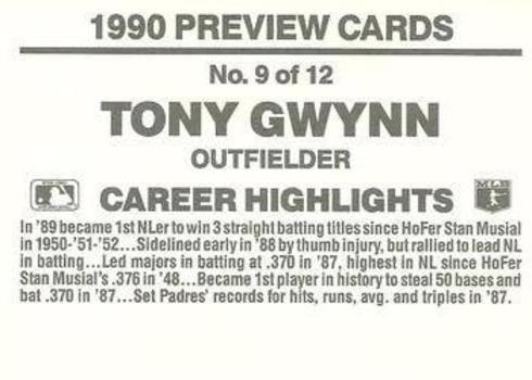1990 Donruss Previews Tony Gwynn Baseball Card Reverse Side 1990 Donruss Previews Tony Gwynn Baseball Card Reverse Side