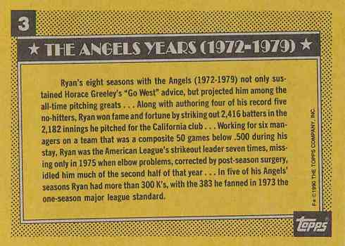 1990 Topps #3 Nolan Ryan Baseball Card Reverse Side Angels Career 1990 Topps #3 Nolan Ryan Baseball Card Reverse Side Angels Career