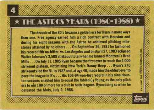 1990 Topps #4 Nolan Ryan Baseball Card Reverse Side Astros Career 1990 Topps #4 Nolan Ryan Baseball Card Reverse Side Astros Career