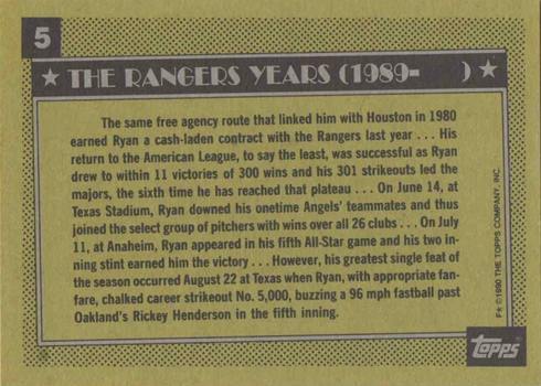 1990 Topps #5 Nolan Ryan Baseball Card Reverse Side Rangers Career 1990 Topps #5 Nolan Ryan Baseball Card Reverse Side Rangers Career